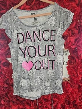 Fifth Sun Grey Floral Tee with Pink Heart Dance Graphic Size 10/12
